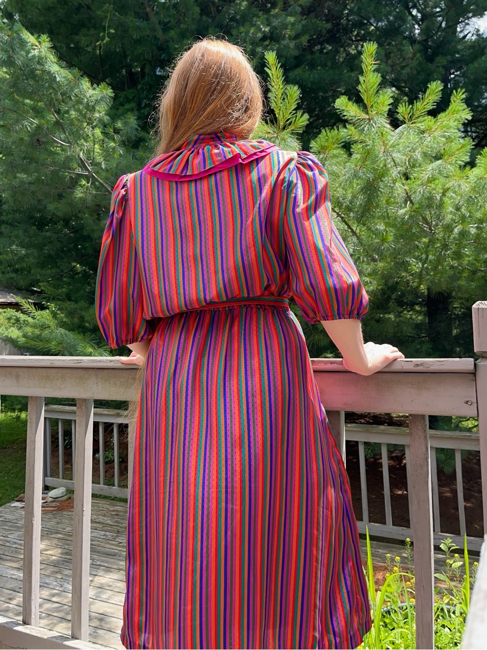 70s Sears Colorful Striped Circus Clown Ruffle Collar Midi Dress Size 14 Retro - Picture 6 of 16